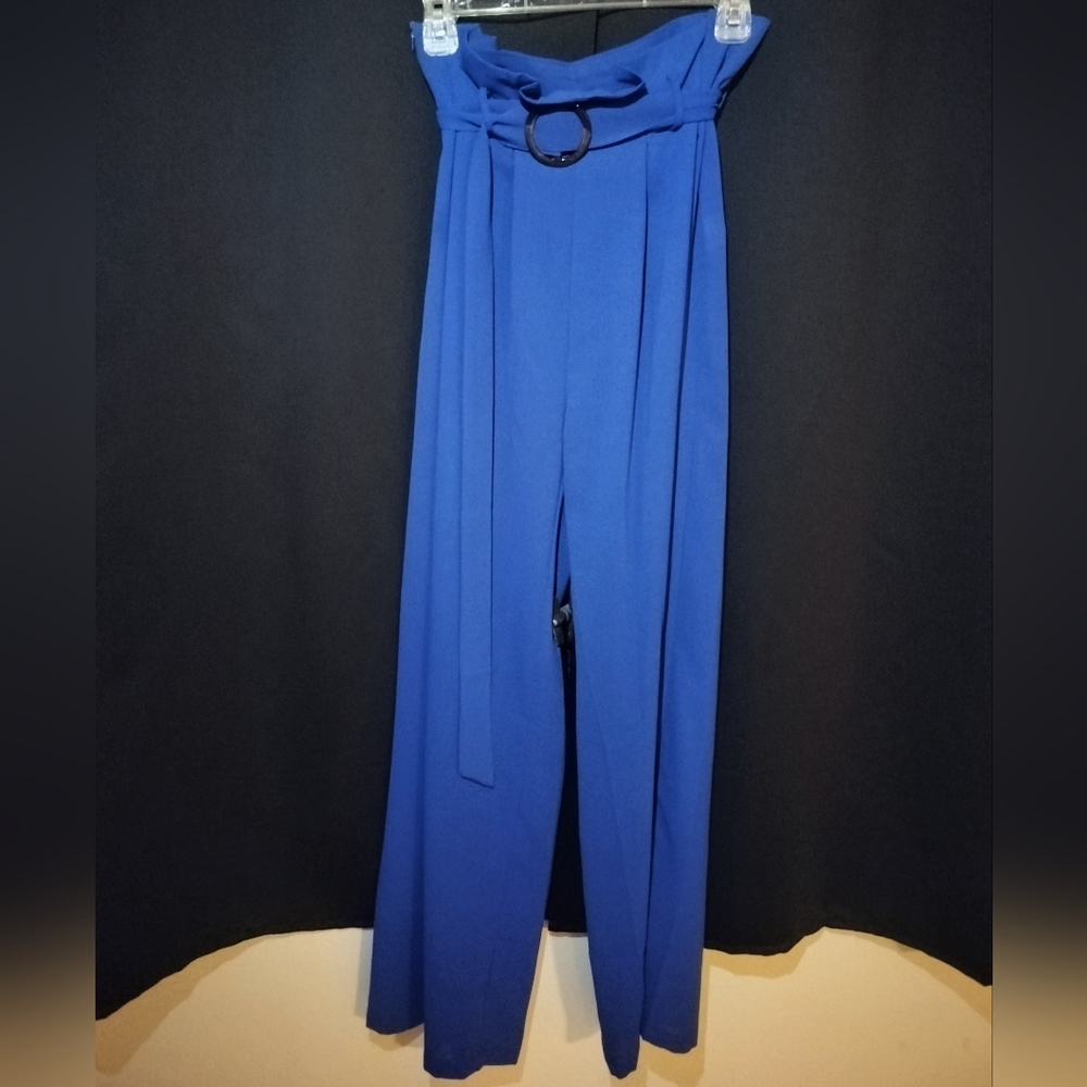 Royal Blue High-Waist Wide Leg Pants with Belt Size S: Small (Zipper, Circle)